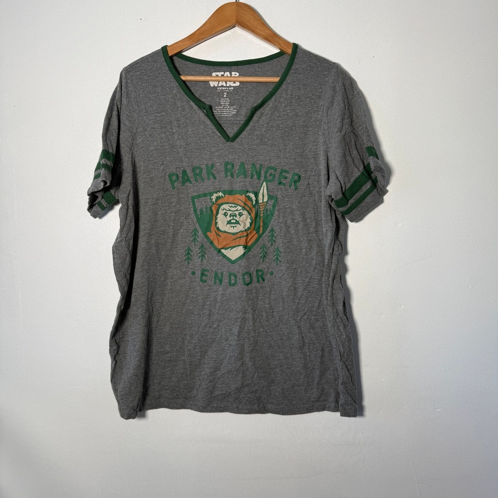Star Wars Park Ranger Endor Ewok Ringer T-Shirt Grey Green Size 2X
